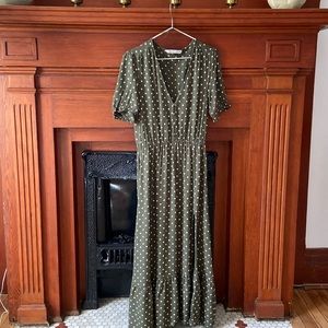 Olive green polka dot Zara sundress with front slit. Size Small
